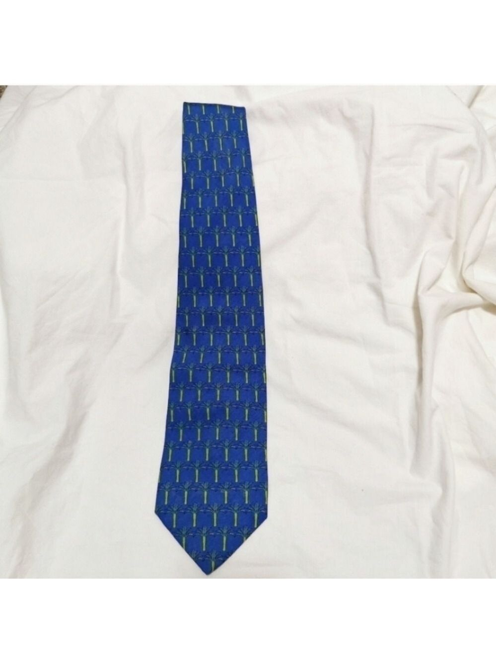 Authentic Saint Laurent YSL Silk Tie Made in Italy Blue Palm Trees Prints